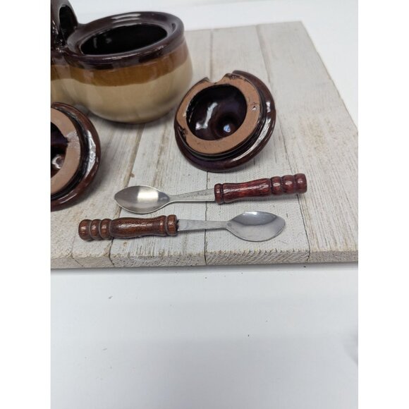 Vintage Dark Brown Glazed Stoneware Double Condiment Pot With Lids Spoons Taiwan - Picture 5 of 12